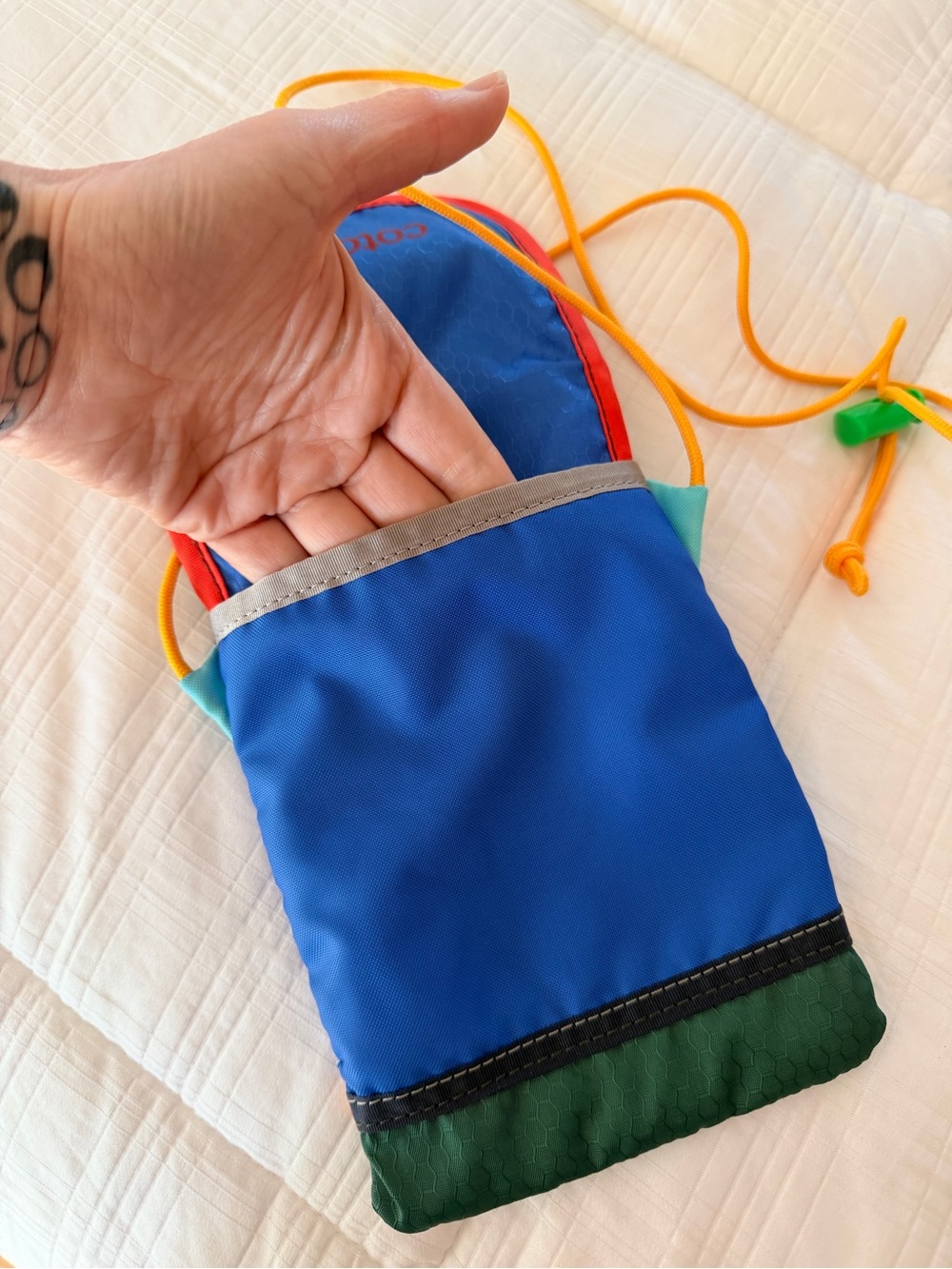 cotopaxi Royal Blue Crossbody Pouch with Orange Trim and Yellow Cord - Picture 3 of 5